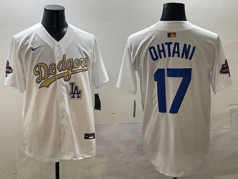 Men Los Angeles Dodgers 17 Ohtani White Champion gold character 2025 Nike MLB Jersey style 33117